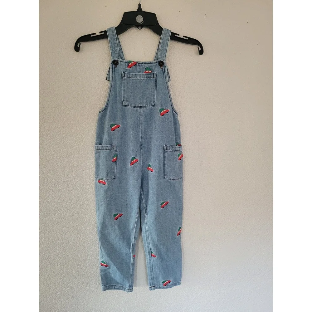 Mini Boden Kids Denim‎ Christmas Tree Car Embroidered Overalls 3-4Y Holiday #7